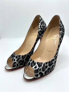Christian Louboutin Metallic Leopard Print Peep Toe Pumps Red Sole Size 36.5